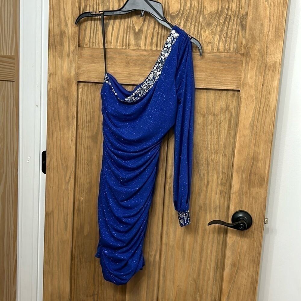 Blue sparkly dress. One shoulder